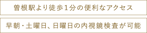 曽根駅より徒歩１分の便利なアクセス 早朝・土曜日、日曜日の内視鏡検査が可能
